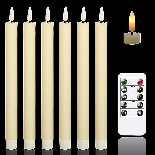 GenSwin Flameless Ivory Taper Candles Flickering with 10-Key Remote, Battery Operated Led Warm 3D Wick Light Window Candles Real Wax Pack of 6, Christmas Home Wedding Decor(0.78 X 9.64 Inch) - Image 1