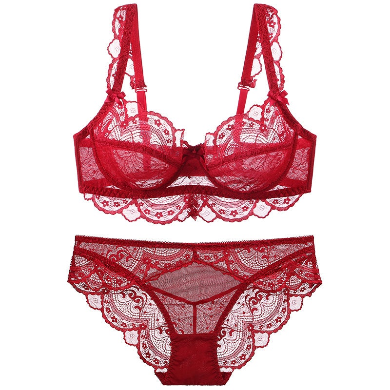 Plus Size Ultra-Thin Bra Suit Red Benmingnian Underwear Big Chest Small Lace Temptation Fun Bra - Image 1