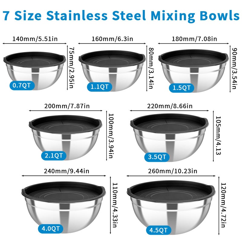 YJSLICT 7 Piece Stainless Steel Mixing Bowls with Lids Set, Metal Mixing Bowls Nesting Design Salad Bowl for Kitchen Cooking, Baking, Prepping and Serving Food (Size 0.7, 1.1, 1.5, 2.1, 3.5, 4, 4.5QT) - Image 2