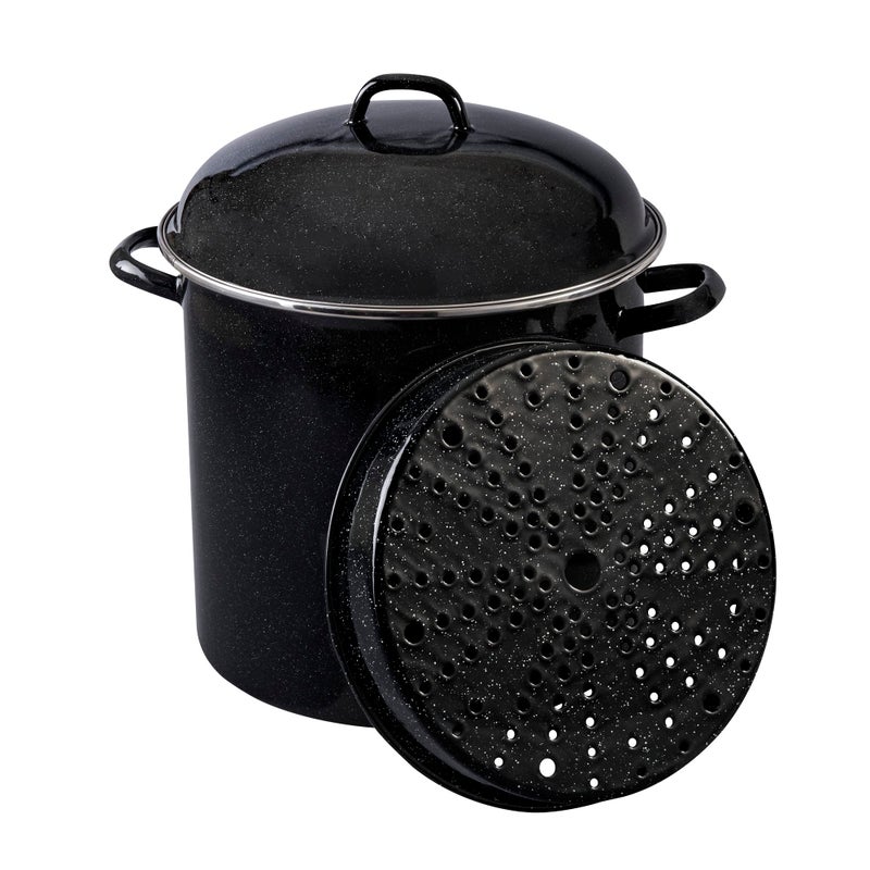 Granite Ware 15 Qt Heavy Gauge Seafood Tamale Steamer Pot with Lid and Trivet Speckled Black Enamelware Stainless Steel Suitable for Cooktops Oven to table Dishwasher Safe