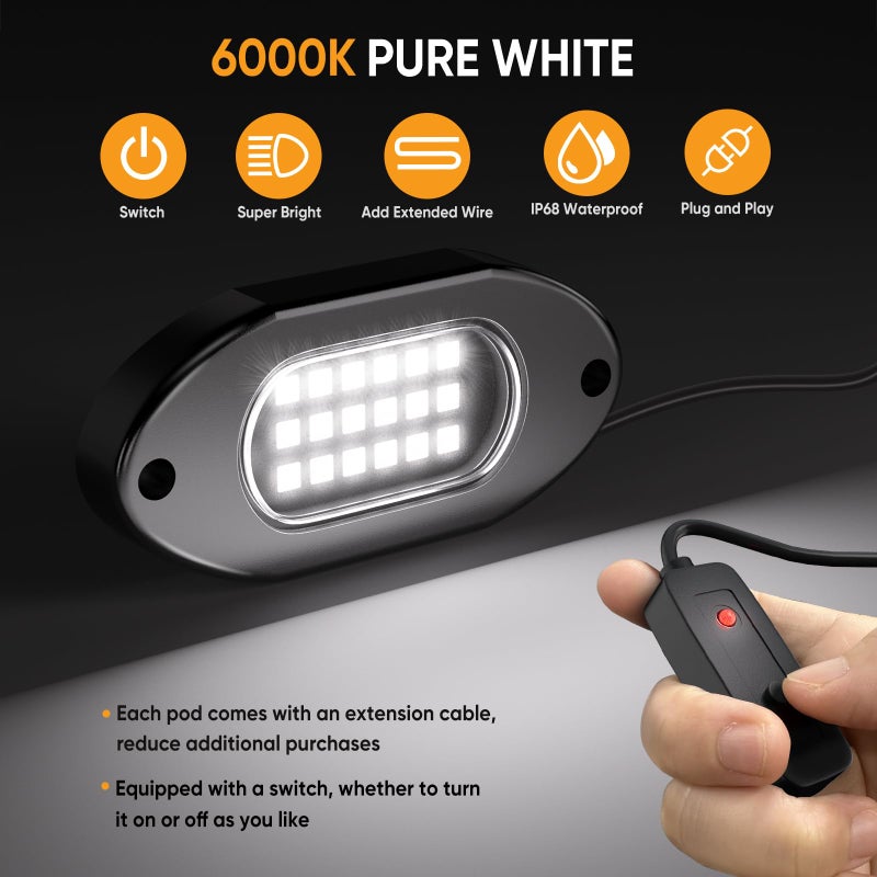 Honalia Pure White Rock Lights 4 Pods  6000K White Led Rock Lights Kits With Switch - Image 2