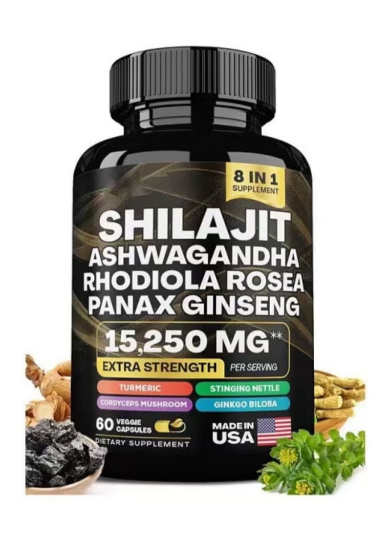 شيلاجيت آر إكس 15250MG شيلاجيت الهيمالايا النقي، 2000MG أشواغاندا معزز الطاقة مع الروديولا، الجنسنغ، الكركم، الجينكو والقراص – مكمل للطاقة والصحة الطبيعية (قد يختلف التغليف)  - Image 1