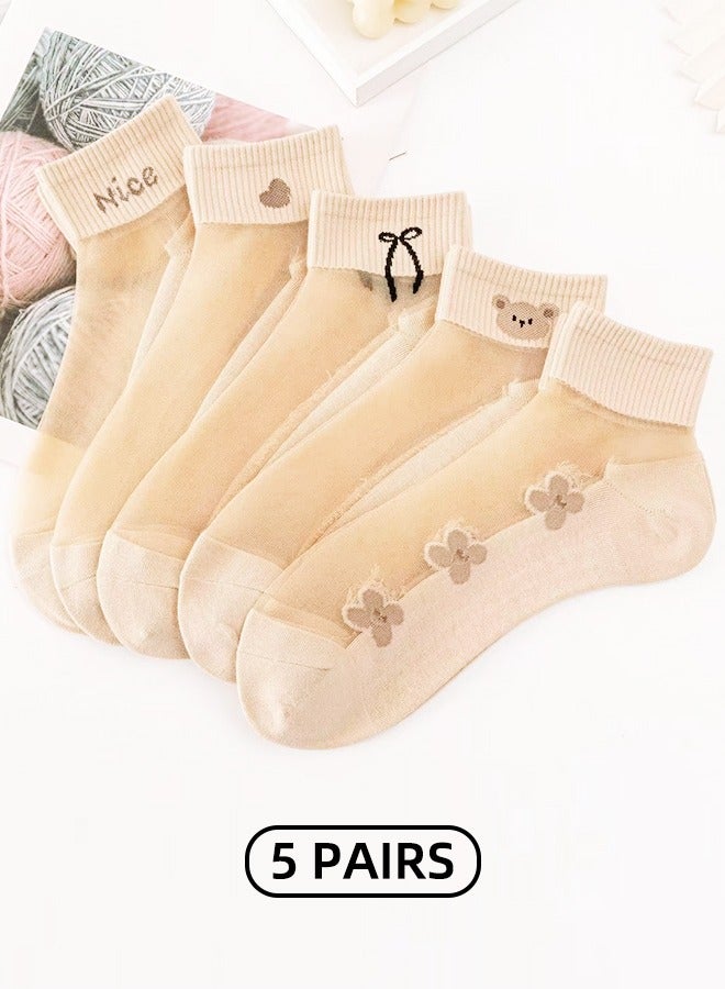 NICE Women'S Transparent Socks - Transparent Flower Ankle Socks - Thin Mesh Lace Elastic Jacquard Glass Silk - Bear Boat Socks Transparent Anti-Snagging 5 Pairs  - Image 1