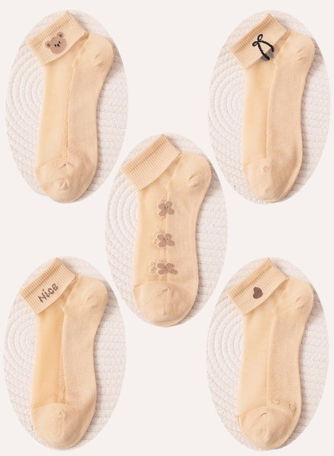 NICE Women'S Transparent Socks - Transparent Flower Ankle Socks - Thin Mesh Lace Elastic Jacquard Glass Silk - Bear Boat Socks Transparent Anti-Snagging 5 Pairs  - Image 2