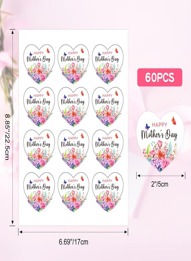 G2PLUS Mother's Day Stickers, 60PCS Happy Mother's Day Gift Stickers, 2'' Heart Shaped Mother's Day Label Stickers, Floral Gift Stickers for Mother's Day Gift Wrap, Party Favors Decorations - Image 2