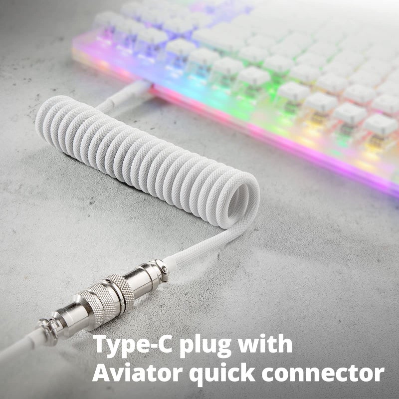 GUNMJO Pro Custom Coiled USB C Cable for Gaming Keyboard, Double-Sleeved Mechanical Keyboard Cable with Detachable Metal Aviator, 1.5M USB-C to USB-A, White Color - Image 3