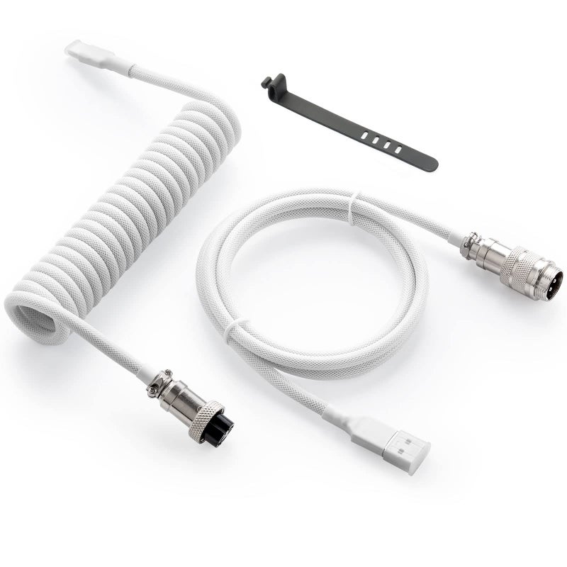 GUNMJO Pro Custom Coiled USB C Cable for Gaming Keyboard, Double-Sleeved Mechanical Keyboard Cable with Detachable Metal Aviator, 1.5M USB-C to USB-A, White Color - Image 1