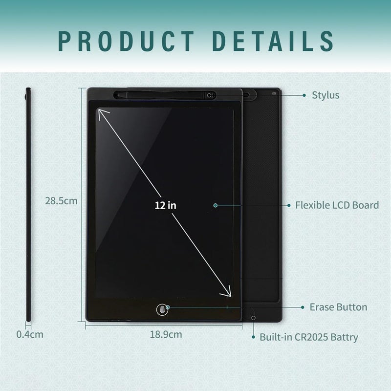 LCD Writing Tablet for Kids & Adults, Eye Protection, Eco-Friendly with Erase Button, High Brightness Screen, Paperless, 12-Inch (Black) - Image 3