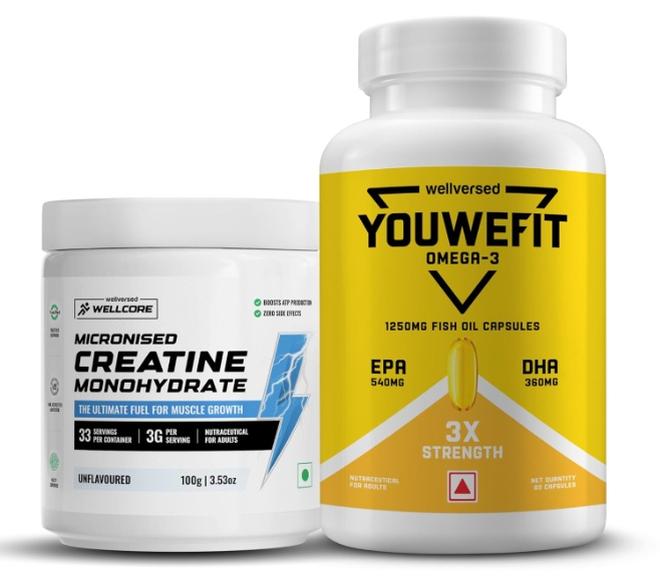 Wellcore Creatine 100g (33 Servings) + YouWeFit Omega-3 Fish Oil (60 Capsules, 1250mg Triple Strength) - Image 1