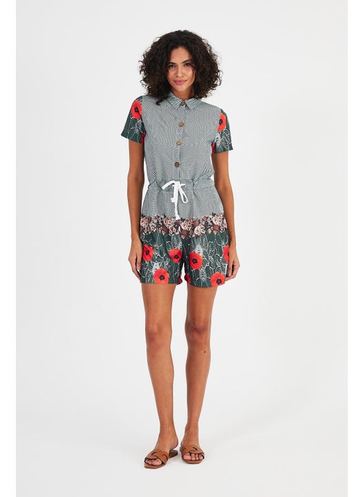 Alexandergardı Patterned Shirt Collar Jumpsuit with Shorts (B19-1510)