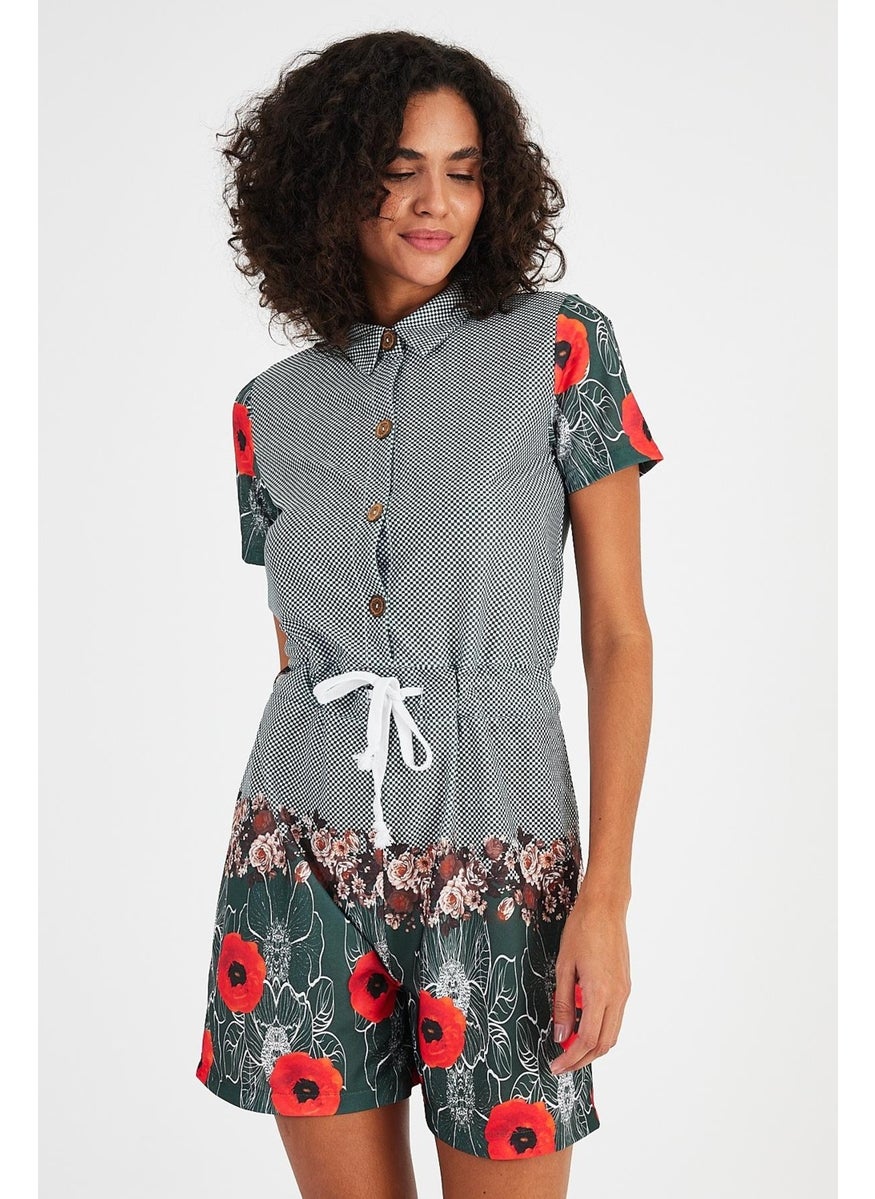 Alexandergardı Patterned Shirt Collar Jumpsuit with Shorts (B19-1510)
