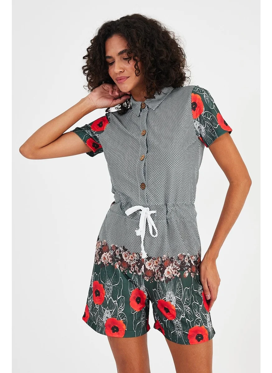 Alexander Gardi Alexandergardı Patterned Shirt Collar Jumpsuit with Shorts (B19-1510)