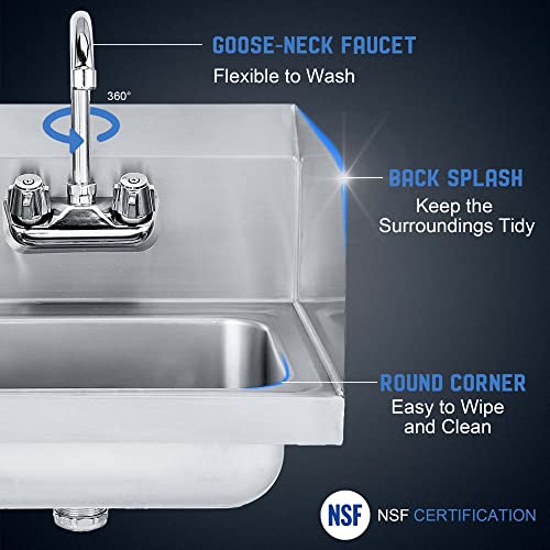 Profeeshaw Commercial Hand Sink with Side Splash Guards, Wall Mount Utility Sink, 304 Stainless Steel Wash Basin with Gooseneck Faucet and Drain Basket for Restaurant and Bar, 17 x 15 Inch - Image 3