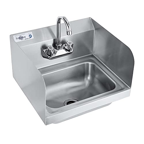 Profeeshaw Commercial Hand Sink with Side Splash Guards, Wall Mount Utility Sink, 304 Stainless Steel Wash Basin with Gooseneck Faucet and Drain Basket for Restaurant and Bar, 17 x 15 Inch - Image 1
