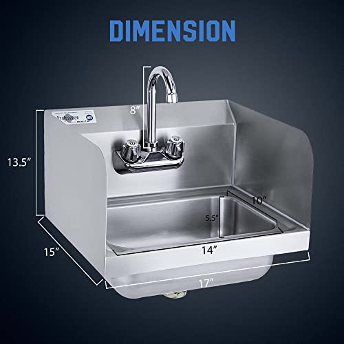 Profeeshaw Commercial Hand Sink with Side Splash Guards, Wall Mount Utility Sink, 304 Stainless Steel Wash Basin with Gooseneck Faucet and Drain Basket for Restaurant and Bar, 17 x 15 Inch - Image 2