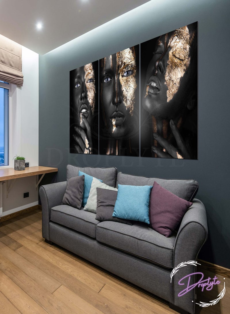 Droplyte 3 Pieces Golden Face Black Woman Decorative Wall Art Wall Decor Card Board MDF Home Decor for Living Room, Drawing Room, Office Room and Bedroom 120CM x 80CM  - Image 1