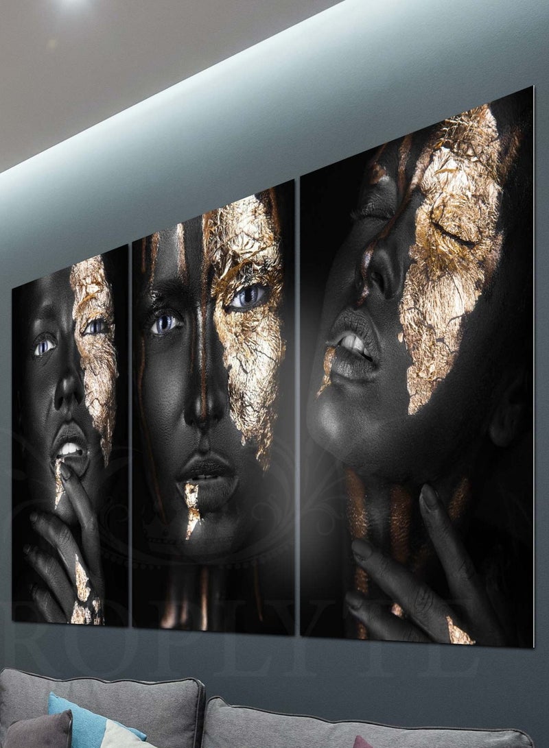 Droplyte 3 Pieces Golden Face Black Woman Decorative Wall Art Wall Decor Card Board MDF Home Decor for Living Room, Drawing Room, Office Room and Bedroom 120CM x 80CM  - Image 3