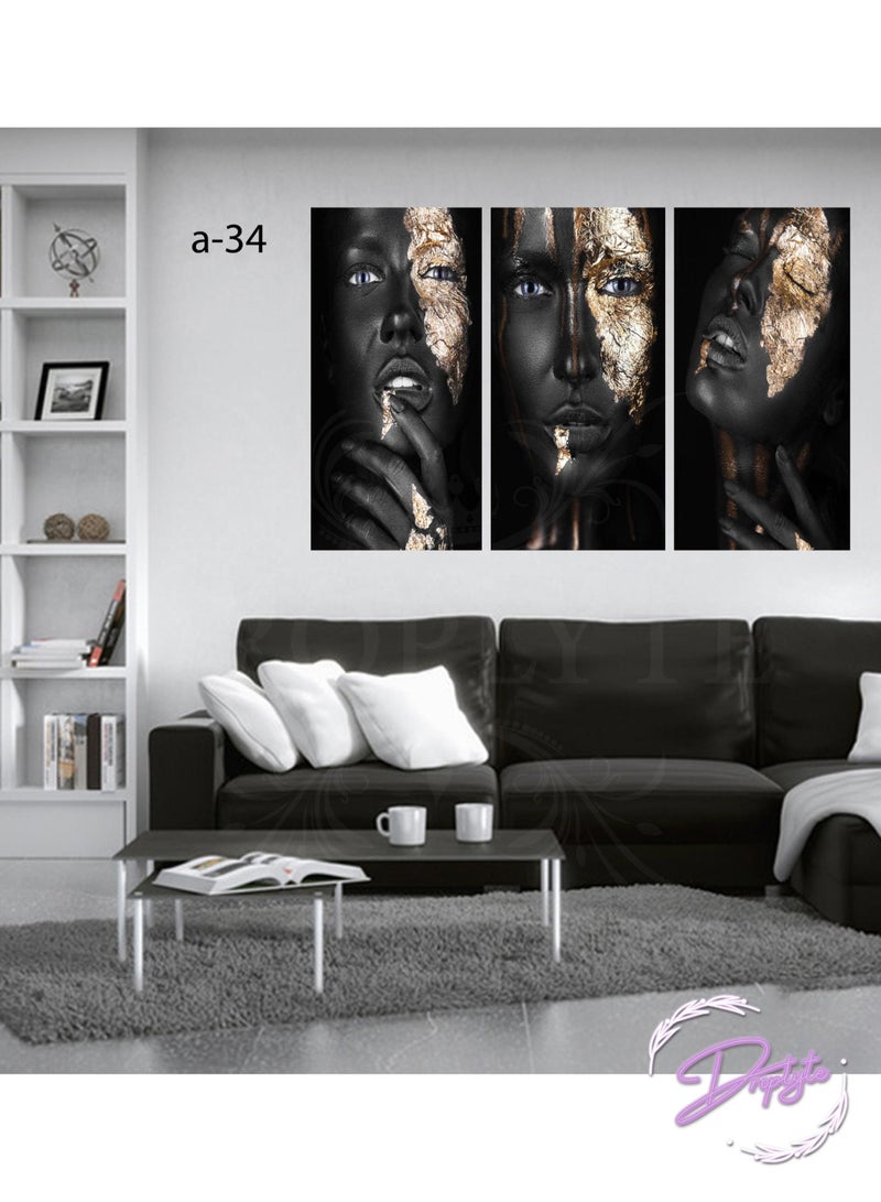 Droplyte 3 Pieces Golden Face Black Woman Decorative Wall Art Wall Decor Card Board MDF Home Decor for Living Room, Drawing Room, Office Room and Bedroom 120CM x 80CM  - Image 2