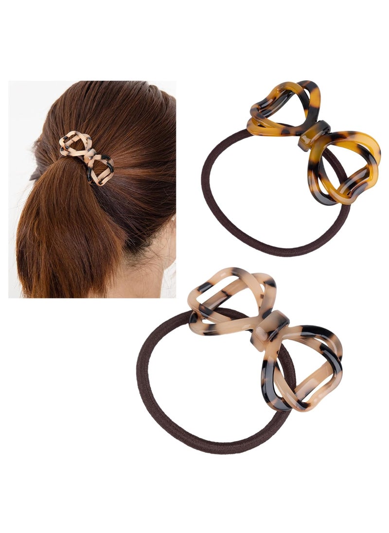 Framendino Framendino 2 Pack Tortoise Shell Hair Ties Bow Bowknot Elastic Bands Ponytail Holders for Women Girls Accessories 