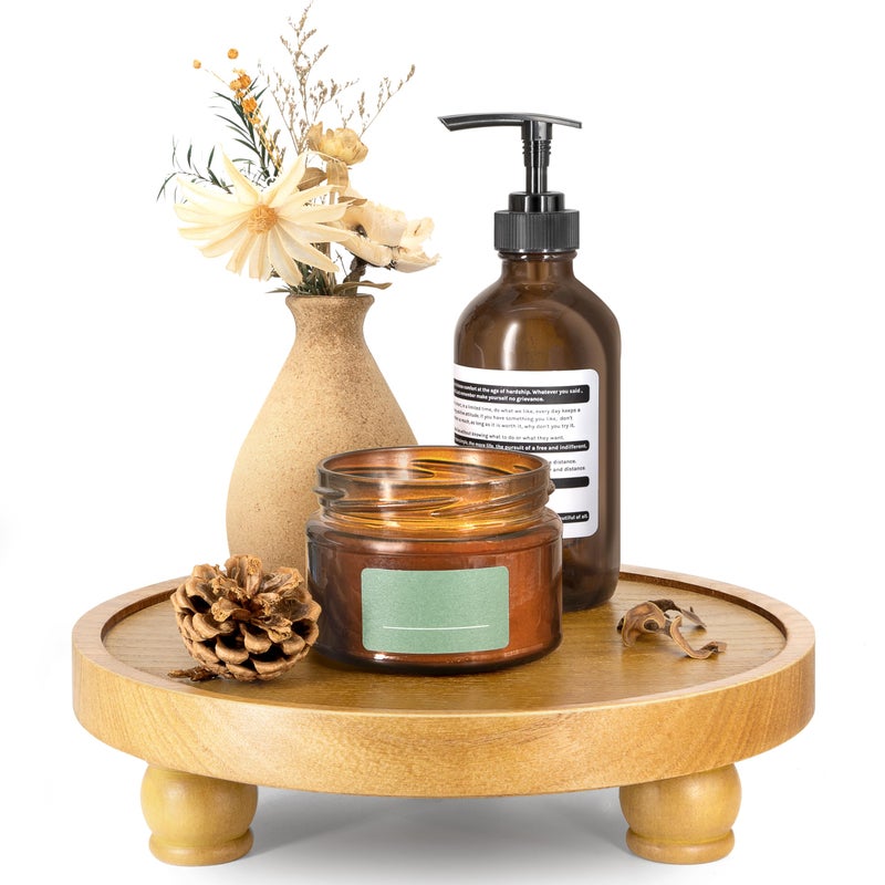 EOSAHR Farmhouse Round Wood Riser â€“ Wooden Tray Pedestal Stand for Bathroom Decor & Kitchen Sink â€“ Decorative Riser Display Stand for Cupcake and Sponge (Light Brown) - Image 1