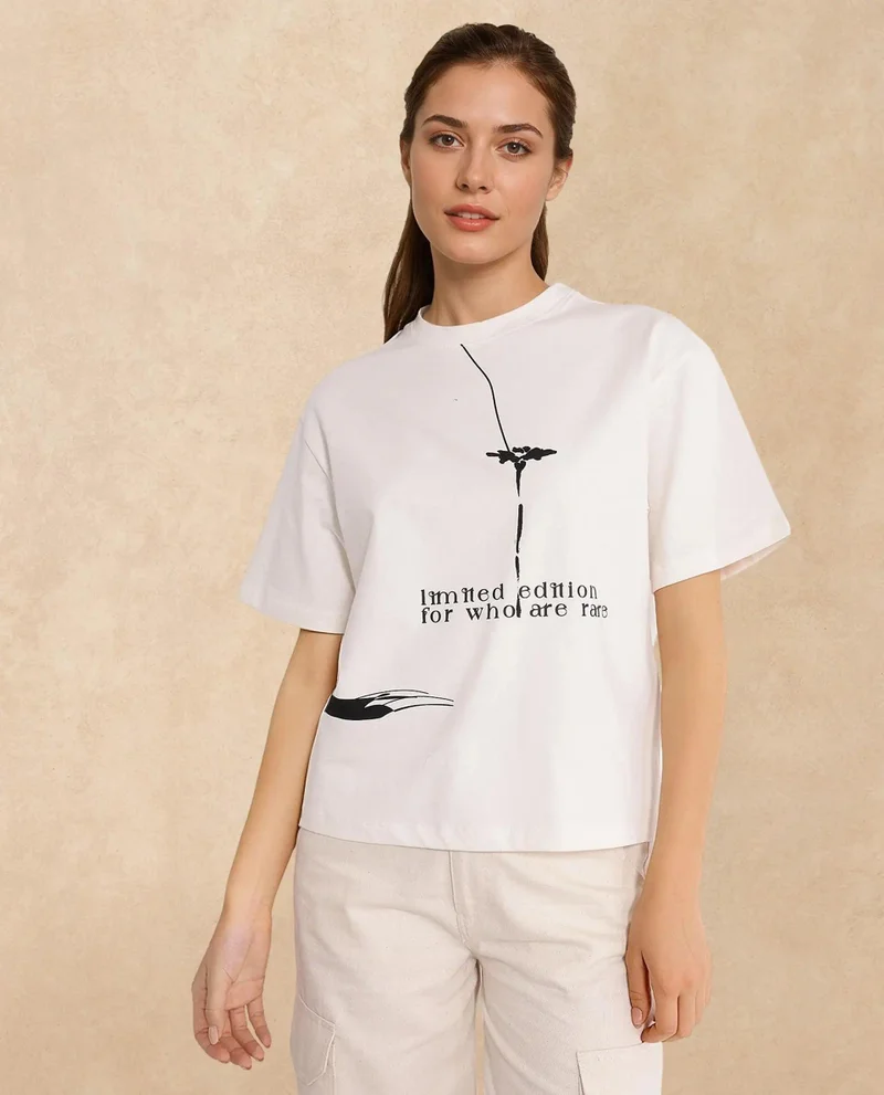 Rareism Women's Essential Graphic Print Cotton T-Shirt