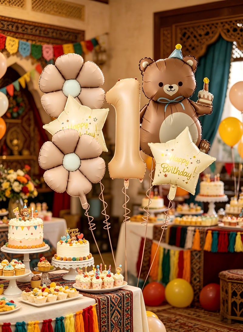 Party 1st Birthday Party Decoration Supplies 40 Inch Matte Caramel Color Digital Bear Daisy Flower Aluminum Film Balloon Set - Image 3