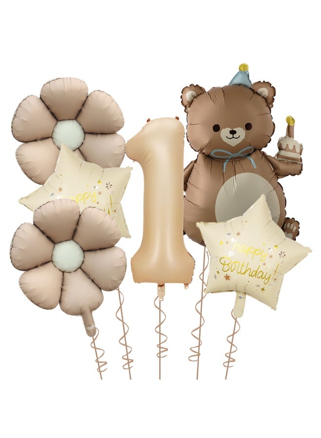 Party 1st Birthday Party Decoration Supplies 40 Inch Matte Caramel Color Digital Bear Daisy Flower Aluminum Film Balloon Set - Image 1