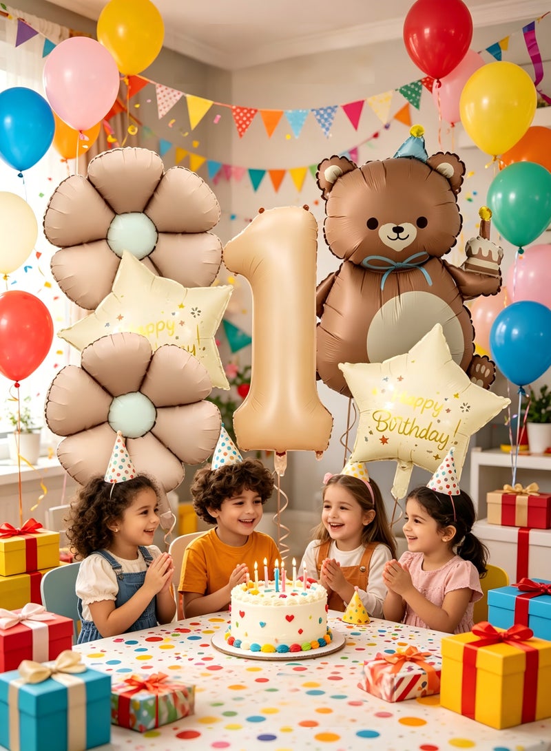 Party 1st Birthday Party Decoration Supplies 40 Inch Matte Caramel Color Digital Bear Daisy Flower Aluminum Film Balloon Set - Image 2