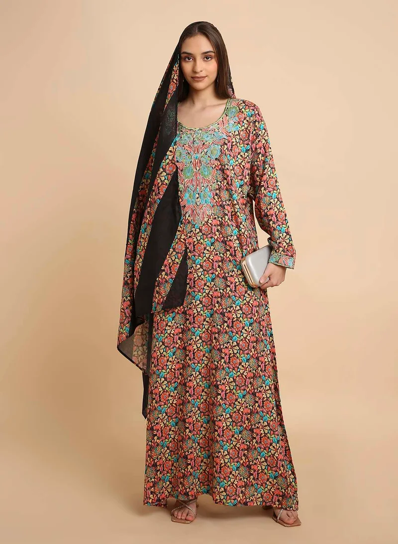 HANA & SARA Fashionable Arabic Mukhawar Jalabiya in Pure Silk Cotton with Head Scarf