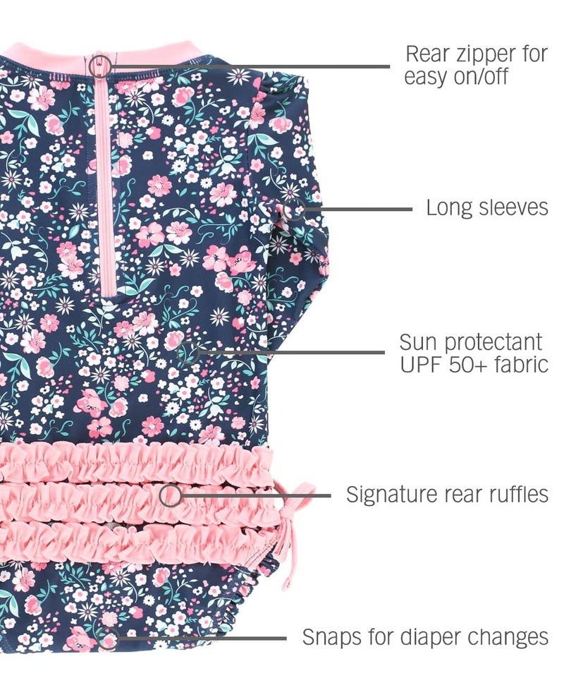 RuffleButts Baby Girls UPF 50+ Sun Protection Floral Printed Long Sleeve One Piece Rash Guard Swimsuit with Zipper - Moonlit Meadow, 6-12m - Image 5
