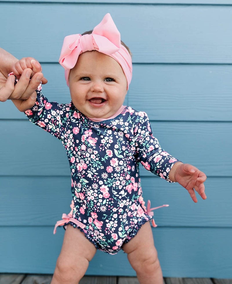 RuffleButts Baby Girls UPF 50+ Sun Protection Floral Printed Long Sleeve One Piece Rash Guard Swimsuit with Zipper - Moonlit Meadow, 6-12m - Image 2