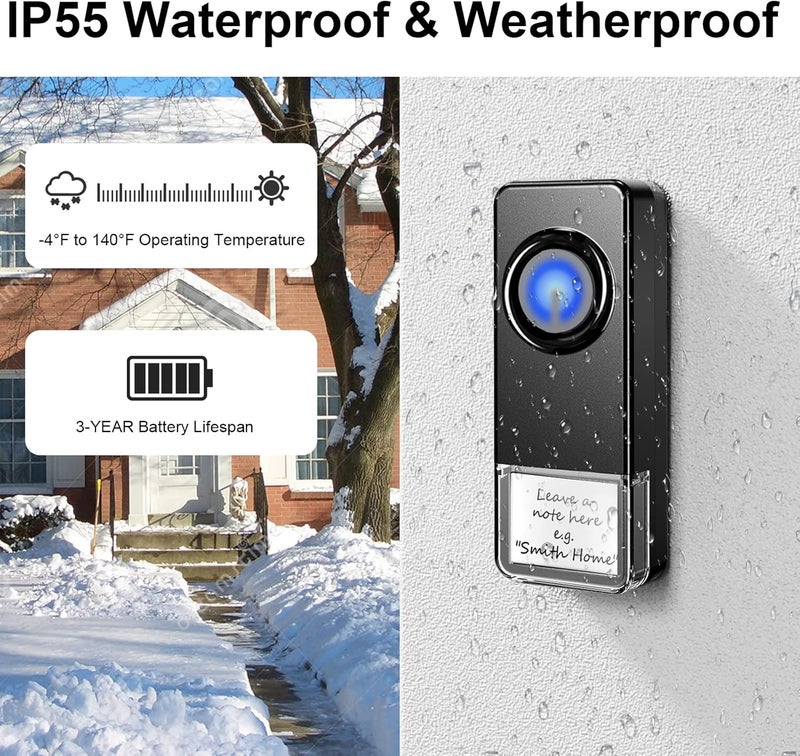 PHYSEN Store Wireless Doorbell for Home, Waterproof Door Chime Kit Operating at 1300-ft 58 Adjustable Melodies & 5 Volume Levels - Door Bell Wireless with LED Strobe, 2 Push Buttons + 4 Plug in Receivers - Image 5
