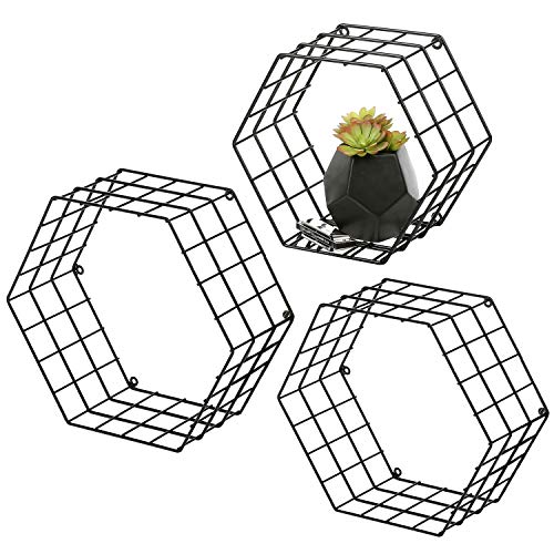 MyGift Black Metal Wall Mounted Crystal Display Shelf, Modern Wire Decorative Floating Shelves for Bedroom Living Room Office, Set of 3 - Image 3