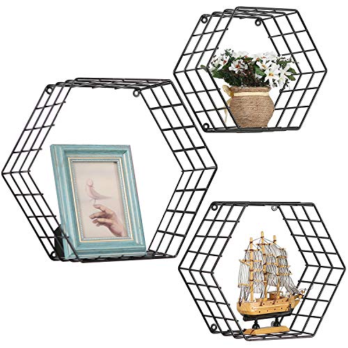 MyGift Black Metal Wall Mounted Crystal Display Shelf, Modern Wire Decorative Floating Shelves for Bedroom Living Room Office, Set of 3 - Image 2