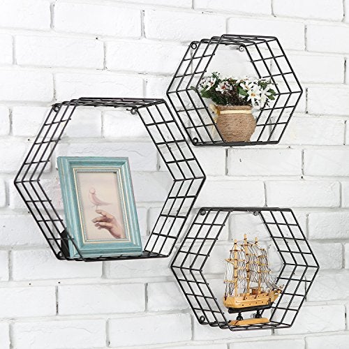 MyGift Black Metal Wall Mounted Crystal Display Shelf, Modern Wire Decorative Floating Shelves for Bedroom Living Room Office, Set of 3 - Image 1