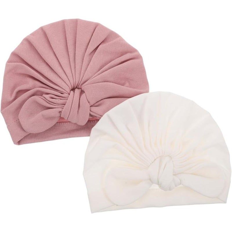 2 Pcs Soft Cotton Turban Headwraps For Baby Girls Newborns Toddlers Bow Knot Beanies Suitable For Daily Wear Nursery And Outdoor - Image 1