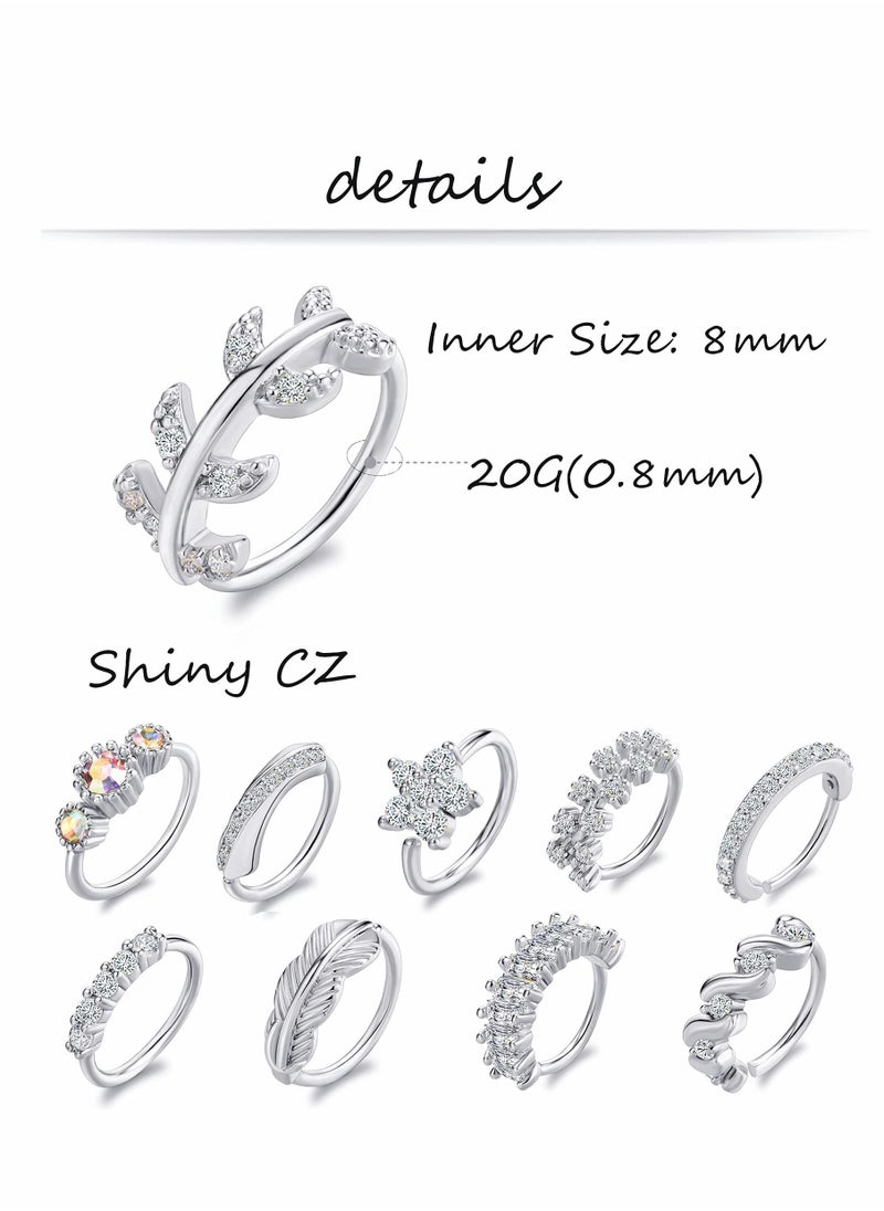 SYOSI Nose Ring Hoop, Zircon Nose Ring Jewelry Decoration, Paved Mosaic Feather Cartilage Earrings Pierced 20G Nose Rings for Men and Women (10 Pcs, Silver)  - Image 2