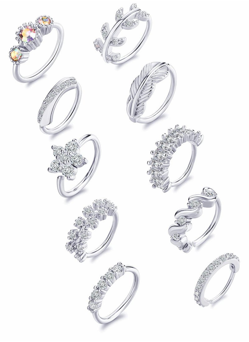 SYOSI Nose Ring Hoop, Zircon Nose Ring Jewelry Decoration, Paved Mosaic Feather Cartilage Earrings Pierced 20G Nose Rings for Men and Women (10 Pcs, Silver)  - Image 1