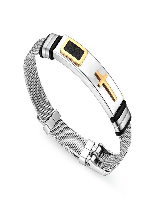 Oidea Unisex Stainless Steel Mesh Strap Cross Charm Bangle Bracelet,Size Adjustable,Gold,fit for 6-8 Inch Wrist - Image 1