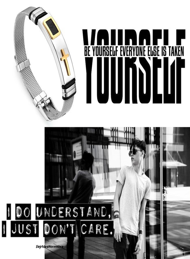 Oidea Unisex Stainless Steel Mesh Strap Cross Charm Bangle Bracelet,Size Adjustable,Gold,fit for 6-8 Inch Wrist - Image 5