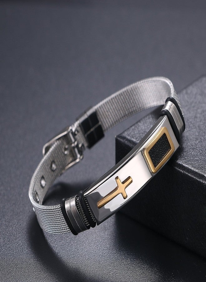 Oidea Unisex Stainless Steel Mesh Strap Cross Charm Bangle Bracelet,Size Adjustable,Gold,fit for 6-8 Inch Wrist - Image 2