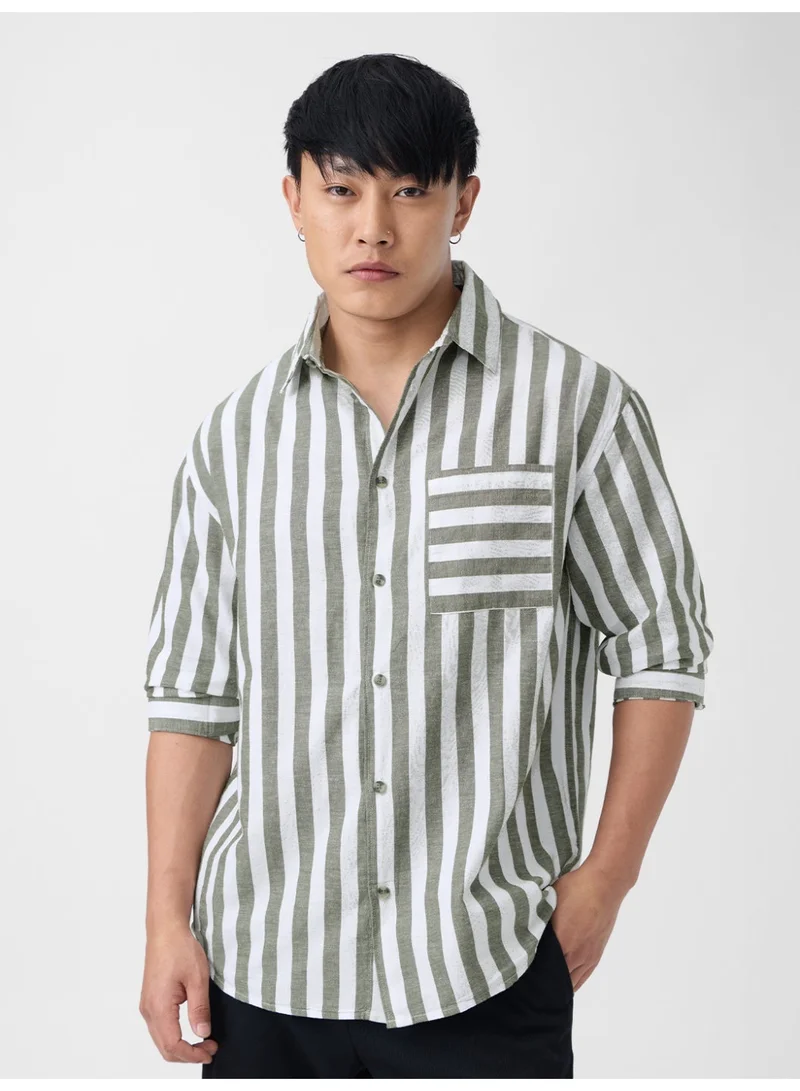 The Souled Store: Ashen Men and Boys Long Sleeve Spread Collar Green Striped Cotton Linen Regular Shirt