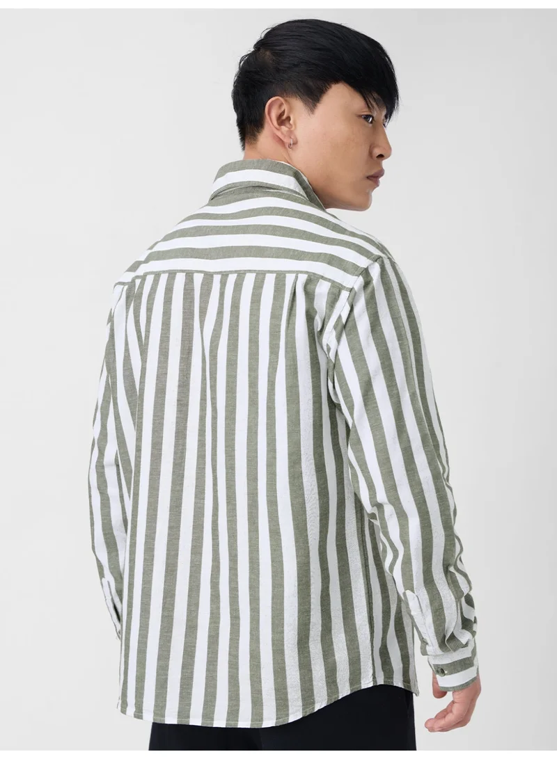 The Souled Store  The Souled Store: Ashen Men and Boys Long Sleeve Spread Collar Green Striped Cotton Linen Regular Shirt  | Best Price UAE
