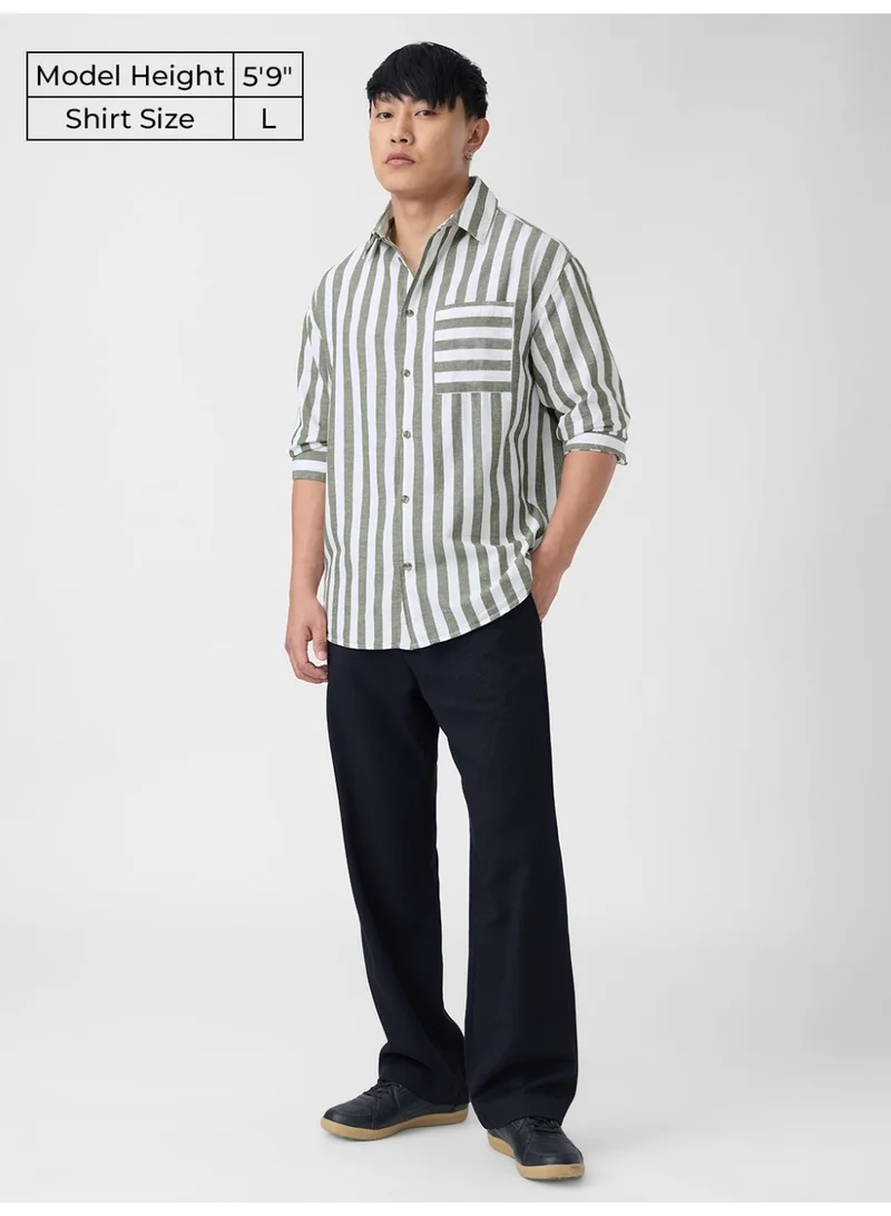 The Souled Store  The Souled Store: Ashen Men and Boys Long Sleeve Spread Collar Green Striped Cotton Linen Regular Shirt  | Best Price UAE