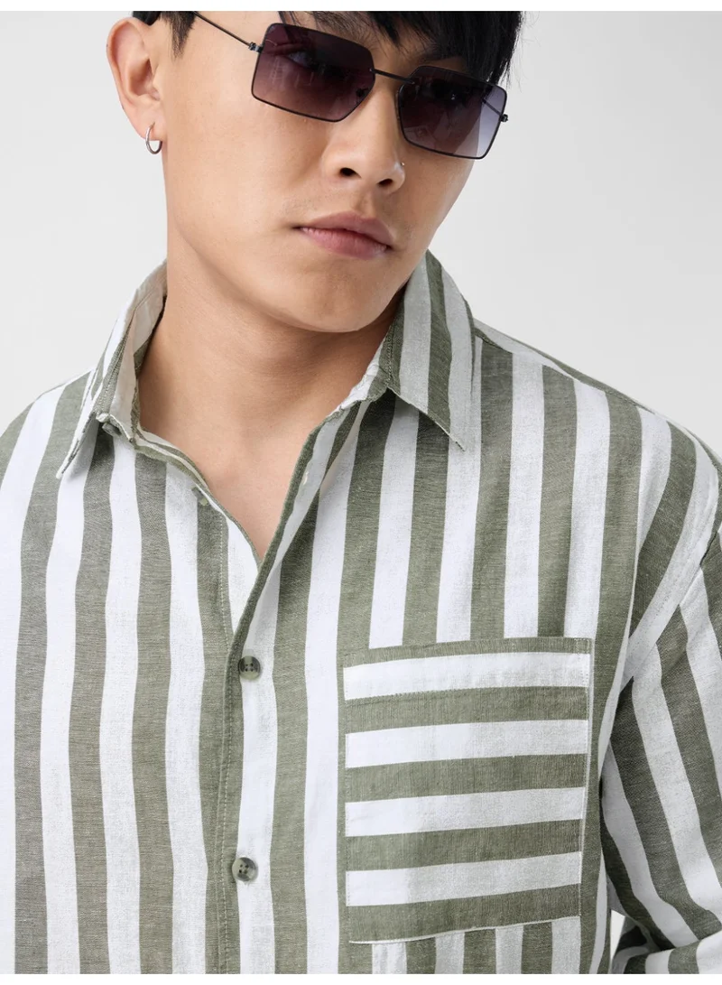 The Souled Store  The Souled Store: Ashen Men and Boys Long Sleeve Spread Collar Green Striped Cotton Linen Regular Shirt  | Best Price UAE