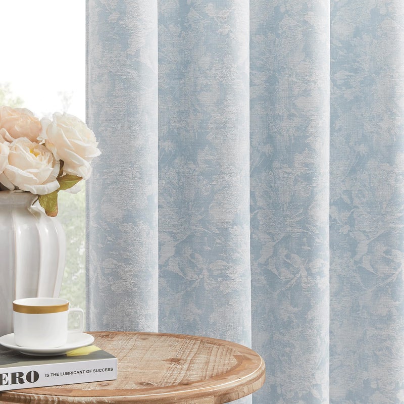 Beauoop Blue Floral Jacquard Blackout Curtains 90 Inches Long 2 Panels for Bedroom Living Room Chenille Flower Room Darkening Thermal Insulated Soundproof Grommet Window Treatments Drapes, 52x90 - Image 1