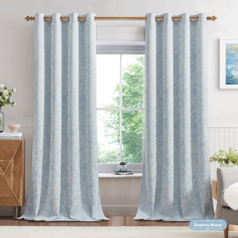 Beauoop Blue Floral Jacquard Blackout Curtains 90 Inches Long 2 Panels for Bedroom Living Room Chenille Flower Room Darkening Thermal Insulated Soundproof Grommet Window Treatments Drapes, 52x90 - Image 2