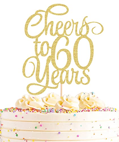 AHAORAY Cheers to 60 Years Cake Topper Gold Glitter 60th Birthday Cake Decorating Supplies Perfect for Wedding Anniversary or Birthday Party Decorations Photo Booth Props - Image 1