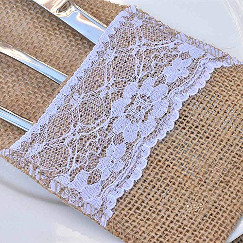 Bodosac Awtlife 60 Packs Xmas Burlap Lace Utensil Holders Silverware Cutlery Pouch Knifes Forks Bag for Vintage Wedding - Image 3