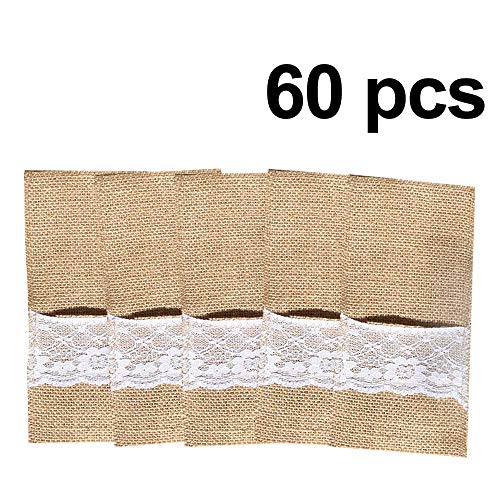 Bodosac Awtlife 60 Packs Xmas Burlap Lace Utensil Holders Silverware Cutlery Pouch Knifes Forks Bag for Vintage Wedding - Image 2